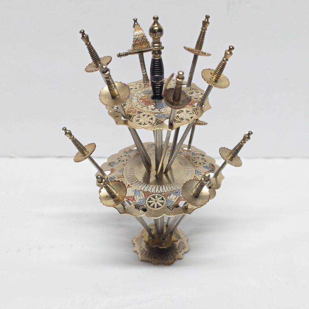 VTG MCM TOLEDO Cocktail Picks Barware Mini Swords Set Of 12 Spain 2-tire Holder